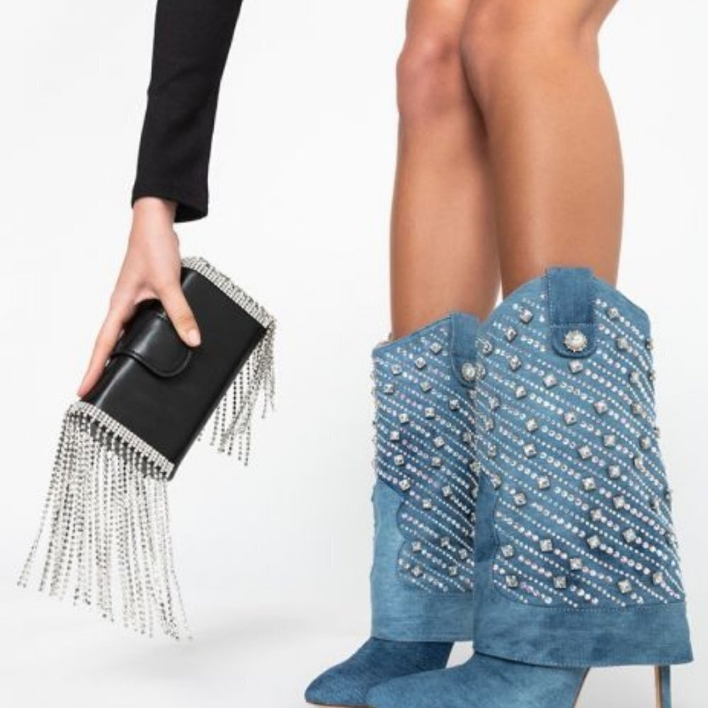 AZALEA WANG PLAYING TO WIN RHINESTONE STUDDED DENIM STILETTO BOOTIE ( BRAND NEW - Picture 10 of 13